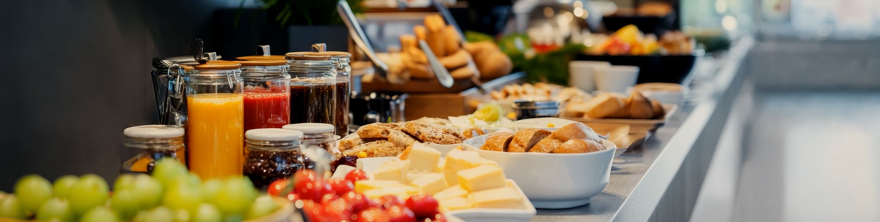 Buffet mit verschiedenen Speisen wie Käse, Obst, Brötchen und Getränken auf einer langen Theke angerichtet
